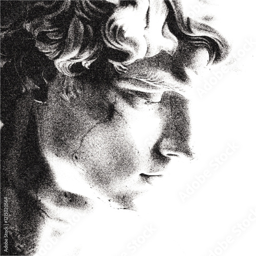 Close-up of ruined and fractured classical ancient marble statue. Defined pixel effect and halftones. 