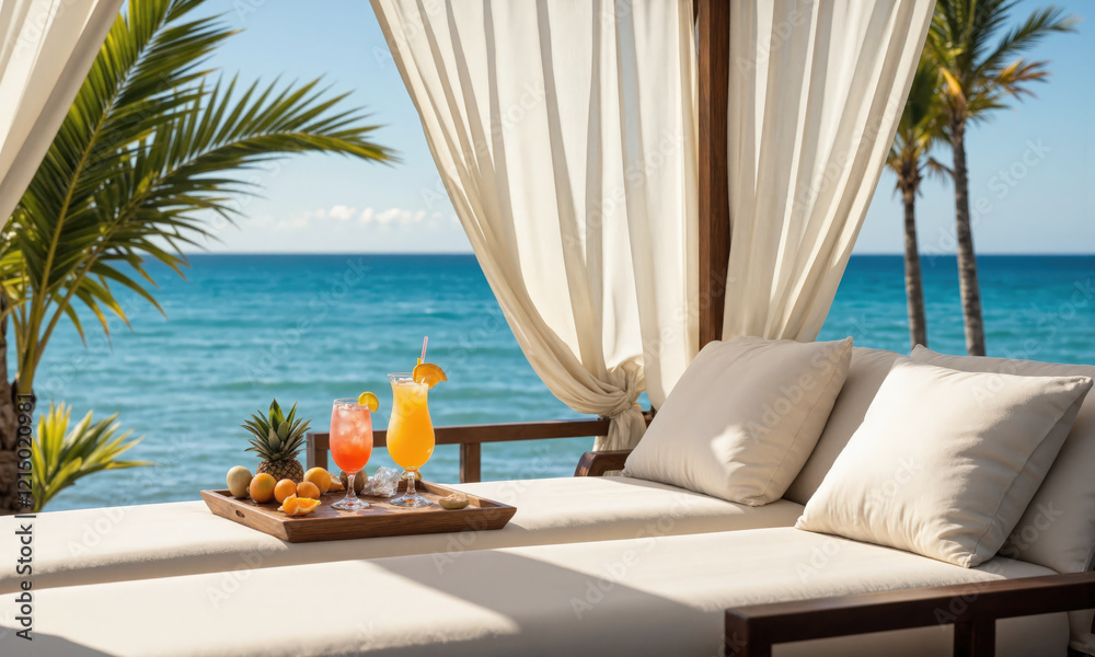 Luxury Beach Cabana with Plump Cushions and Refreshing Drinks A luxurious beach cabana with plush cushions, refreshing tropical drinks served on a tray, Luxury Beach Cabana with Plump Cushions and Refreshing Drinks A luxurious beach cabana with plush cushions, refreshing tropical drinks served on a tray,