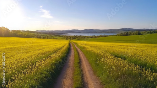 Golden canola field split by dusty road stretching toward tranquil lakeside, rolling landscape framing dramatic sunset horizon photo