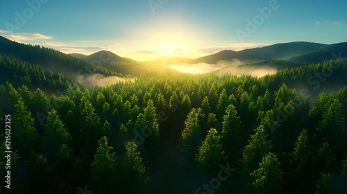 Serene Sunrise Over Lush Green Forest and Misty Hills