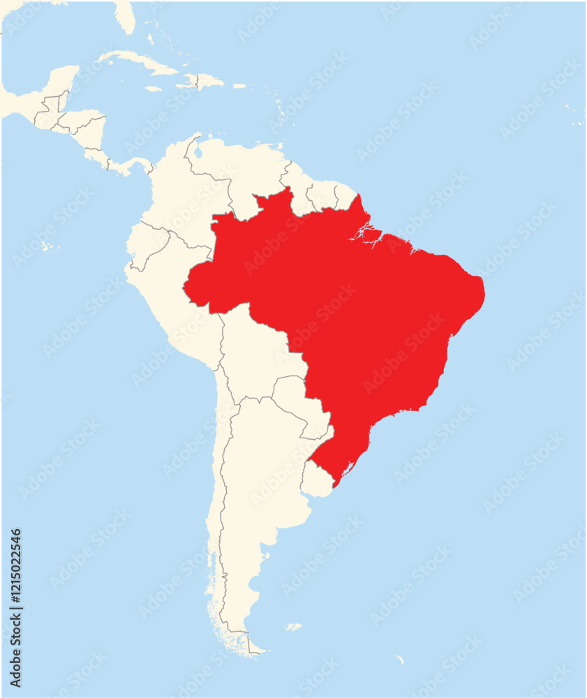 Location Map of the country Brazil in South America. The country is highlighted with a red polygon. No labels at all. Location Map of the country Brazil in South America. The country is highlighted with a red polygon. No labels at all.