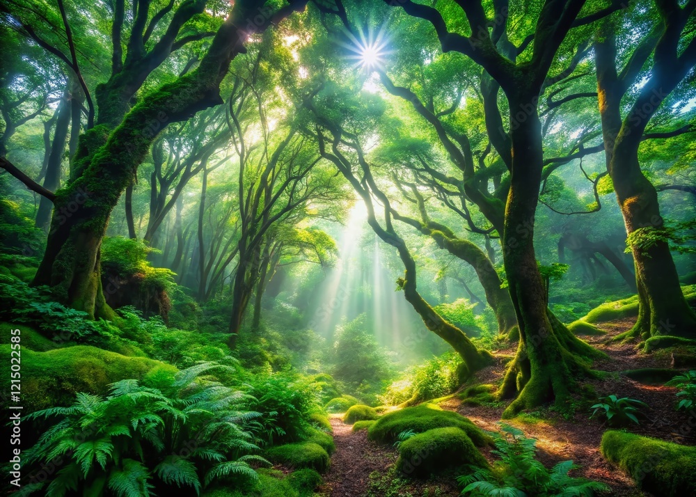 Fototapeta premium Jeju Island Secret Forest Timelapse: Lush Green Canopy & Mystical Atmosphere