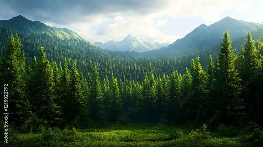 Fototapeta premium Serene Mountain Landscape Surrounded by Lush Green Pine Trees