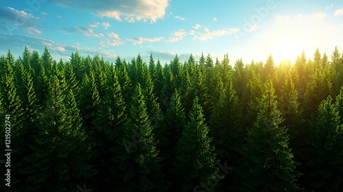 Lush Green Forest Landscape Under Bright Blue Sky with Sunlight