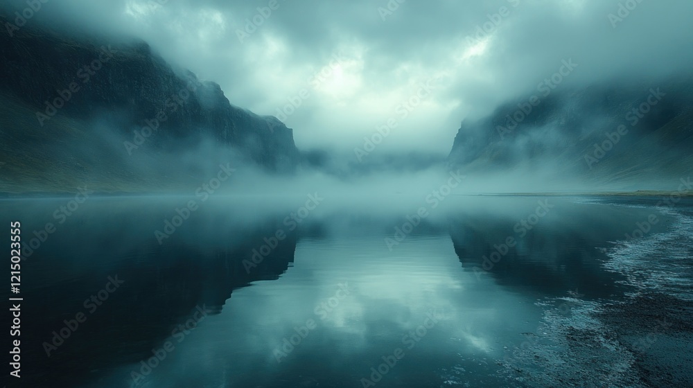 Misty mountain lake reflecting the sky and clouds in a serene landscape scene Misty mountain lake reflecting the sky and clouds in a serene landscape scene