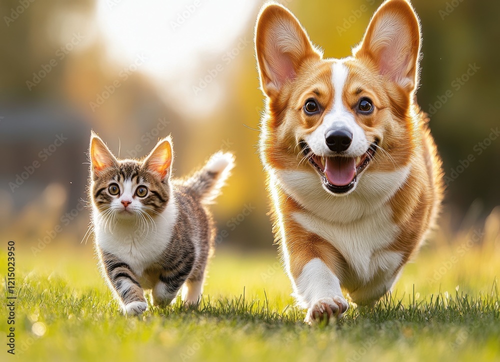 Playful Corgi and Curious Kitten Enjoying a Joyful Day Outdoors in a Sunlit Field, Capturing the Spirit of Furry Friendship and Adventure in Nature Playful Corgi and Curious Kitten Enjoying a Joyful Day Outdoors in a Sunlit Field, Capturing the Spirit of Furry Friendship and Adventure in Nature