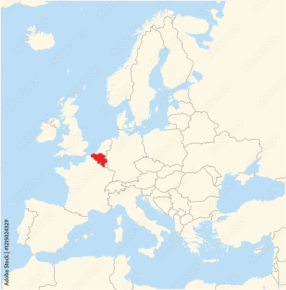Naklejka premium Location Map of the country Belgium in Europe. The country is highlighted with a red polygon. No labels at all.