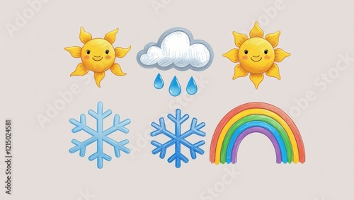 Colorful Weather Icons Sun Rain Snow Rainbow Hand Drawn Childlike Style Illustrations