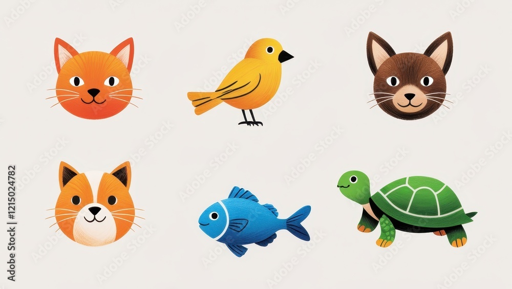Fototapeta premium Adorable Cartoon Animal Faces Cats Bird Fish Turtle Illustrations