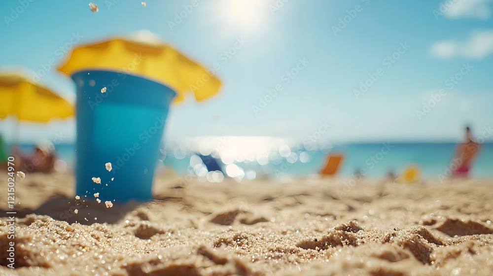 Vibrant Beach Scene with Colorful Bucket on Sandy Shoreline