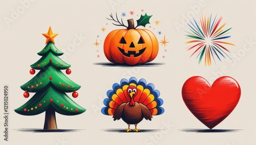 Festive Holiday Icons Christmas Tree Thanksgiving Turkey Jack o lantern Fireworks Heart photo