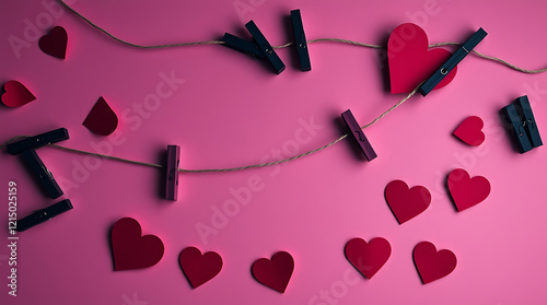 Valentine's day decoration, heart shapes, clothespins on string, pink background, red and black color scheme, minimalist design, flat lay photography, romantic atmosphere, paper cutouts, creative arra photo