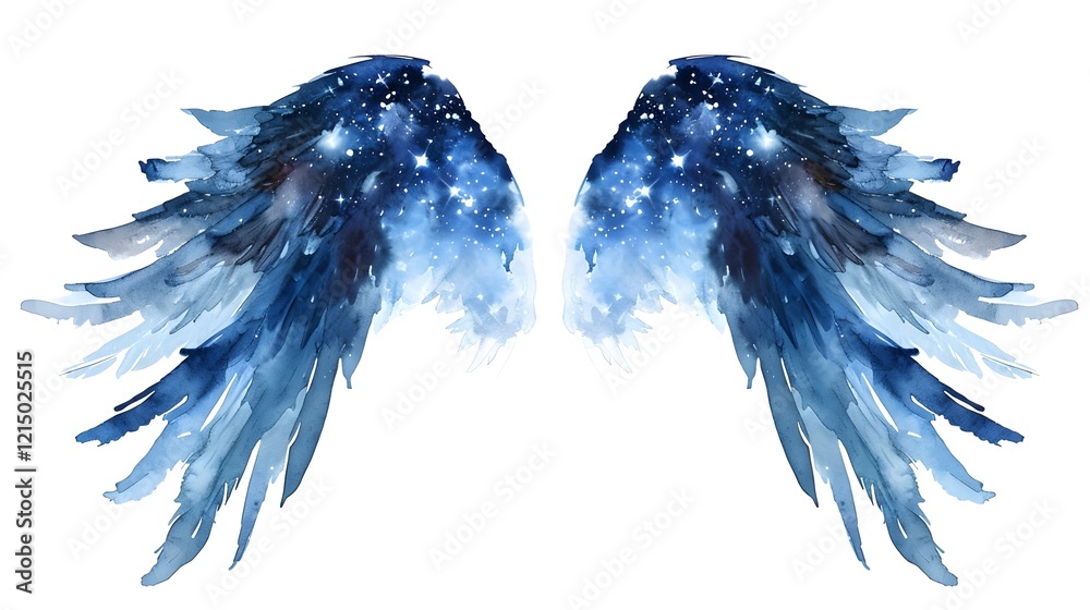 Fototapeta premium Watercolor blue angel wings Painting on white background, Holy spirit, Card, Invitation, Angelic, Church, Christian Art, Spiritual HD Wall art print