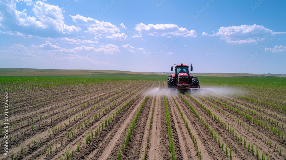 Agricultural tractor spraying fertilizer across cultivated farmland, maximizing crop health under sunny agricultural landscape Agricultural tractor spraying fertilizer across cultivated farmland, maximizing crop health under sunny agricultural landscape