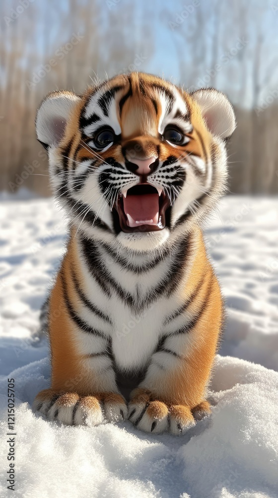 Fototapeta premium Playful tiger cub roaming in snowy forest animal photography winter wonderland close-up view wild nature