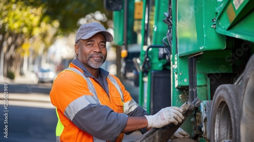 A sanitation worker standing near a green garbage truck. Middle-aged man in an orange reflective vest, representing urban waste management. Perfect for civic or public service themes. photo