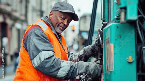 Professional worker outdoors near heavy equipment. Clean and focused portrait of a middle-aged Black man in safety gear. Highlights industrial work and community maintenance. photo