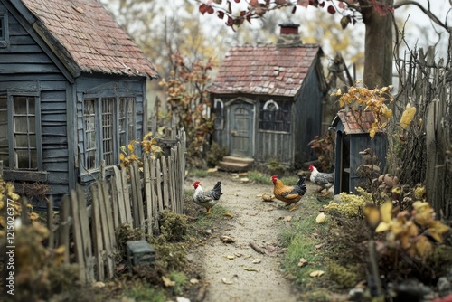 Miniature farm scene depicting chickens walking down a dirt road in a small village with houses and fences photo