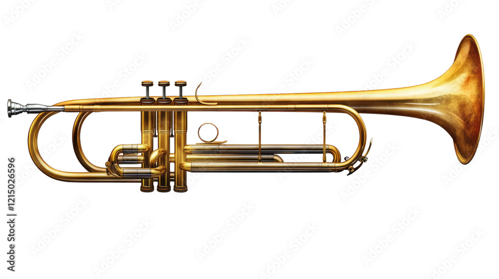Obraz premium Golden Trumpet: A gleaming, golden trumpet rests majestically, ready to fill the air with melodious sounds. The intricate details and rich color of the instrument are showcased beautifully.