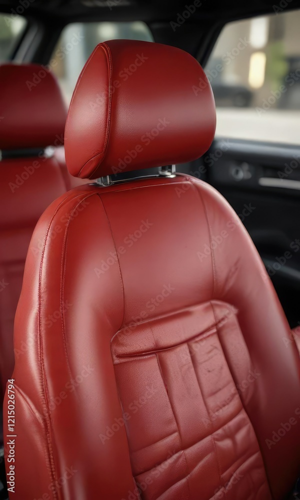 Obraz premium Close-up of red leather car seat with scuffs and scratches, set against a blurry background of the car's interior, car seats, worn leather