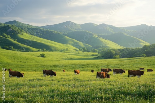 Healthy brown and white cows grazing on lush green pasture with rolling hills and mountains, creating a peaceful rural landscape