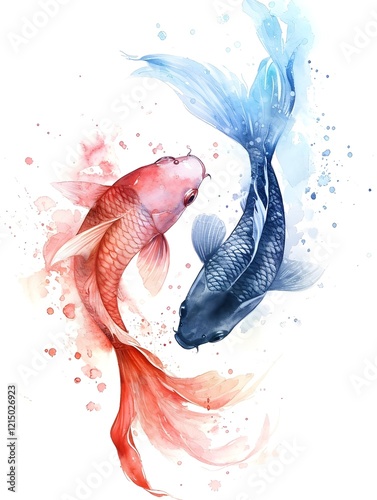 Watercolor Painting of blue and red koi fishes on paper, Realistic painting, Fish ying and yang, HD Art print, Aquatic, Beautiful art, Card banner Aquarium hobby