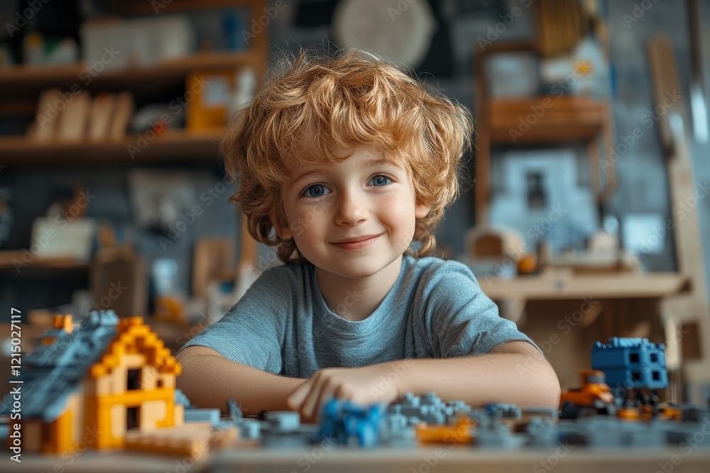 Portrait of a happy little boy playing with colorful construction toys at his desk in a playroom Portrait of a happy little boy playing with colorful construction toys at his desk in a playroom