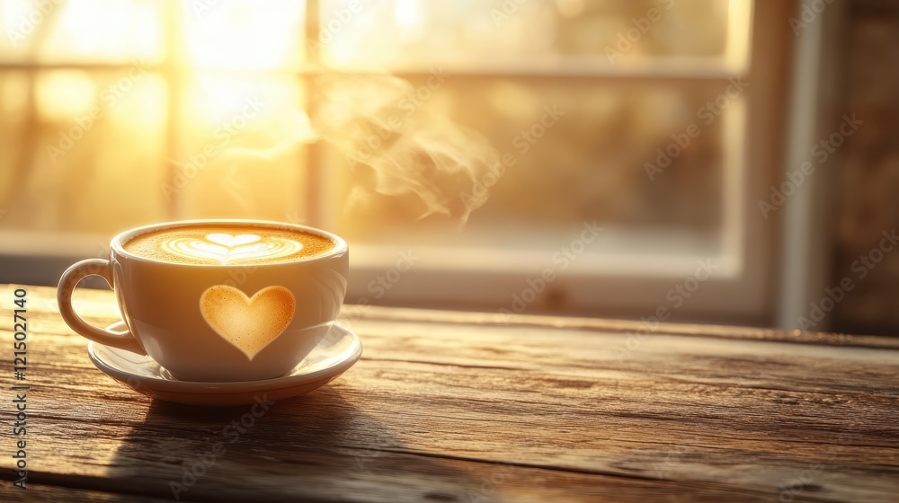 Warm Morning Coffee with Heart Shaped Latte Art by Window Warm Morning Coffee with Heart Shaped Latte Art by Window