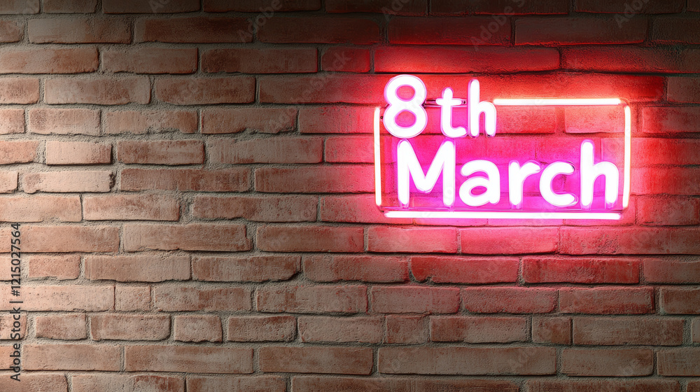 Pink and white neon sign celebrating 8th March, International Women's Day, glowing on a brick wall with soft warm lighting Pink and white neon sign celebrating 8th March, International Women's Day, glowing on a brick wall with soft warm lighting