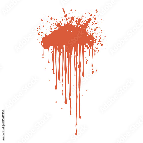 Grunge red blood splatter in flat design. Bleeding blot with flowing drips. Vector illustration isolated.