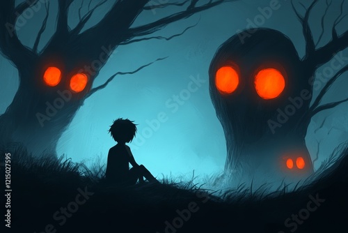 A haunting depiction of a figure sitting in a dark forest, nervously glancing at glowing red eyes emerging from the surrounding shadows photo