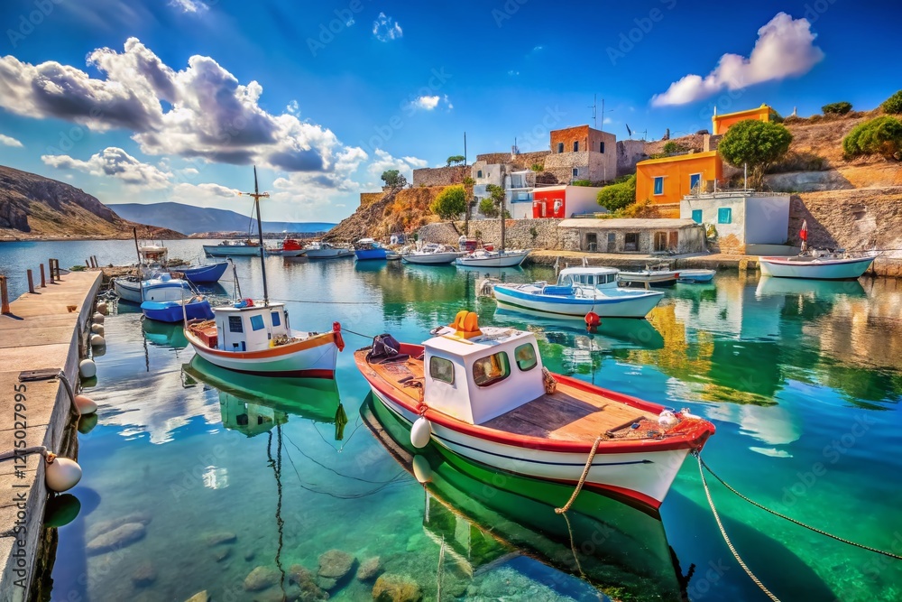 Kasos Island Greece: Picturesque Fishing Boats in Calm Harbor Summer Day Kasos Island Greece: Picturesque Fishing Boats in Calm Harbor Summer Day