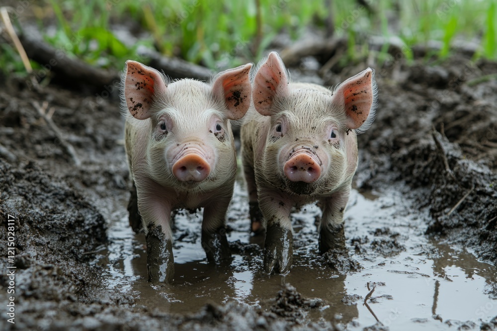 Two adorable piglets are enjoying a mud bath on a farm, a natural behavior for these intelligent animals Two adorable piglets are enjoying a mud bath on a farm, a natural behavior for these intelligent animals