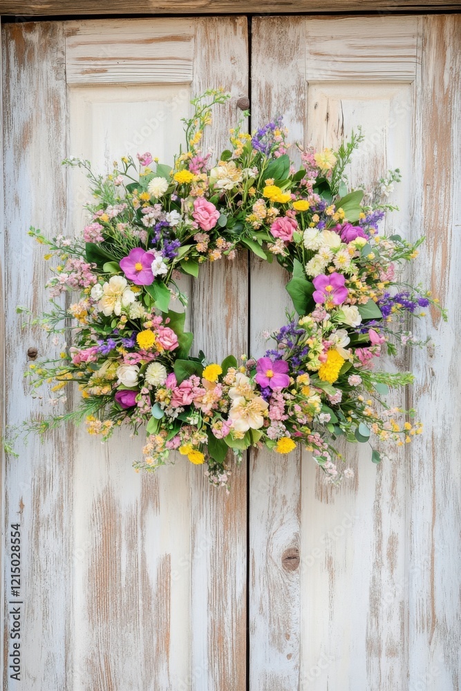 Fototapeta premium Spring blooms create a vibrant wreath adorning a rustic wooden door for a cheerful and inviting welcome
