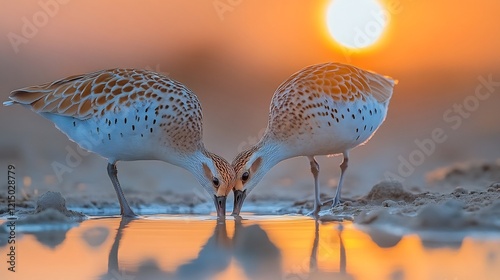 Pair of sandgrouse drinking a shallow desert waterhole at sunrise their feathers reflecting the warm hues of early morning light captured with a low angle telephoto lens photo