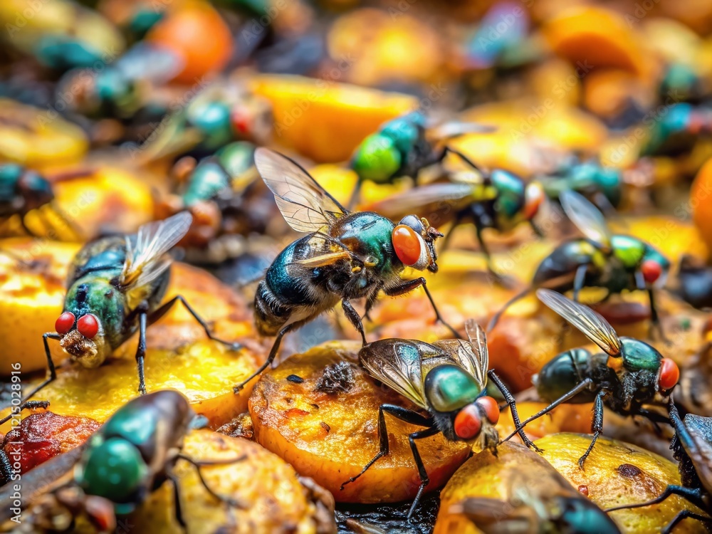Flies on Rotten Food: Disease Vectors - Candid Close-Up Flies on Rotten Food: Disease Vectors - Candid Close-Up