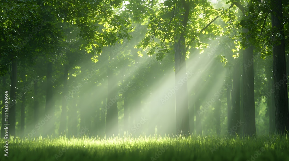 Fototapeta premium Sunlight Filtering Through Trees in Lush Green Forest Scene