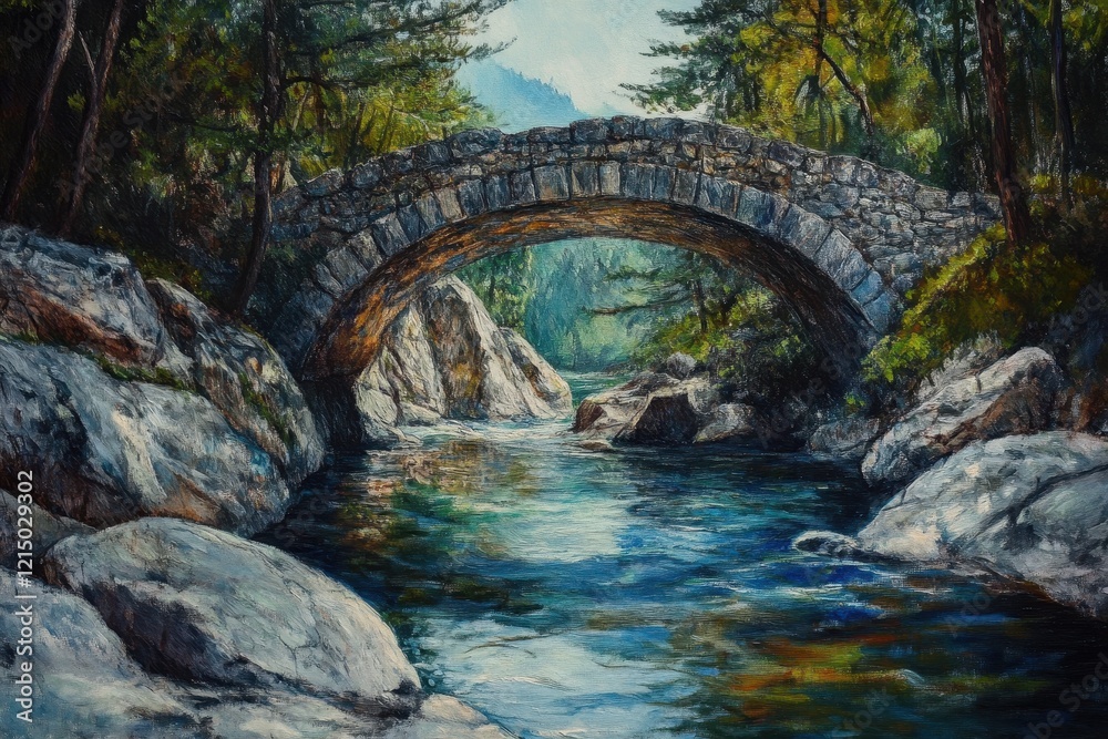 bridge over the mountain river . A serene painting depicting a stone bridge gracefully arching over a flowing river, surrounded by lush greenery. bridge over the mountain river . A serene painting depicting a stone bridge gracefully arching over a flowing river, surrounded by lush greenery.