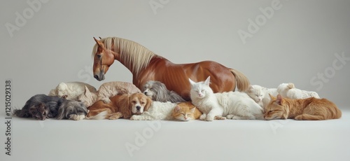 Serene Gathering of Furry Friends: A Beautiful Cohesion of Horses, Dogs, and Cats Resting Comfortably Together on a Soft Surface, Exuding Warmth and Harmony