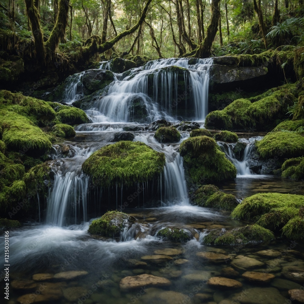 A crystal-clear waterfall cascading into a rocky pool, surrounded by mossy stones, with a blurred background of trees. A crystal-clear waterfall cascading into a rocky pool, surrounded by mossy stones, with a blurred background of trees.