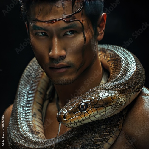 Dynamic encounter man and snake urban jungle photography intense atmosphere close-up nature's intricacies photo