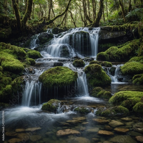A crystal-clear waterfall cascading into a rocky pool, surrounded by mossy stones, with a blurred background of trees.