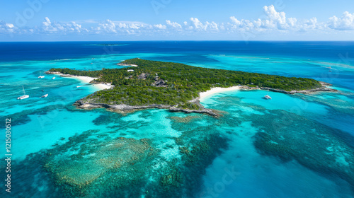 Wallpaper Mural A vivid bird's eye view of a tropical island surrounded by crystal-clear turquoise waters. White sandy beaches form a stark contrast with the dense jungle in the center.  Torontodigital.ca