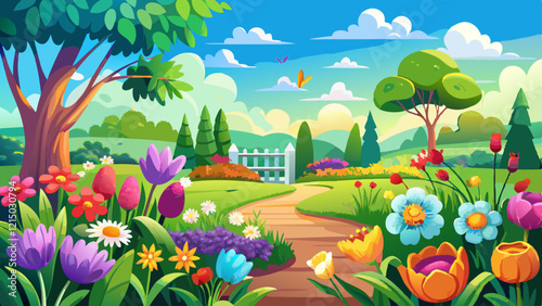 A garden bursting with colorful flowers next to a lush green field under the spring sun, A tranquil spring garden bursting with colorful flowers and blooming 