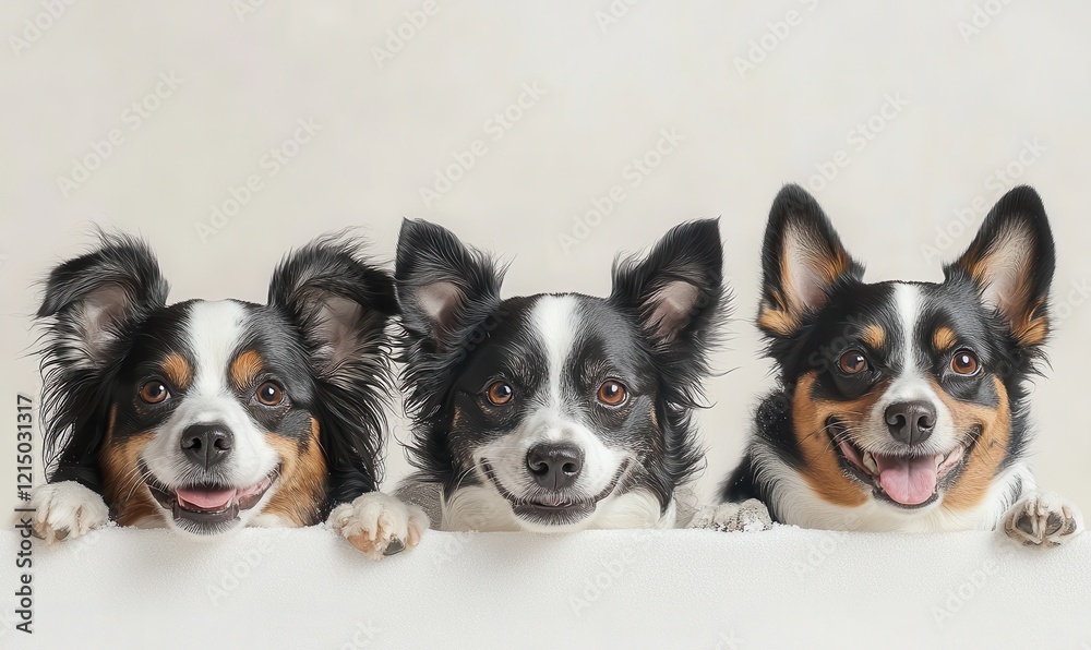 Obraz premium Three Adorable Dogs with Unique Expressions Facing the Camera Against a Cream Background for Pet Lovers and Animal Enthusiasts