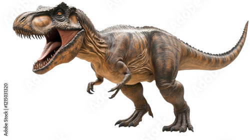 Tyrannosaurus Rex Roars: A fearsome Tyrannosaurus Rex, the king of the dinosaurs, stands poised for the hunt, its jaws agape in a fearsome roar, teeth bared in a prehistoric display of power.