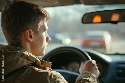 Concentrated young man driving a car carefully on the road during the day