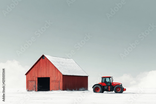 Red tractor driving away from a red barn in a snowy field, creating a striking contrast against the winter landscape