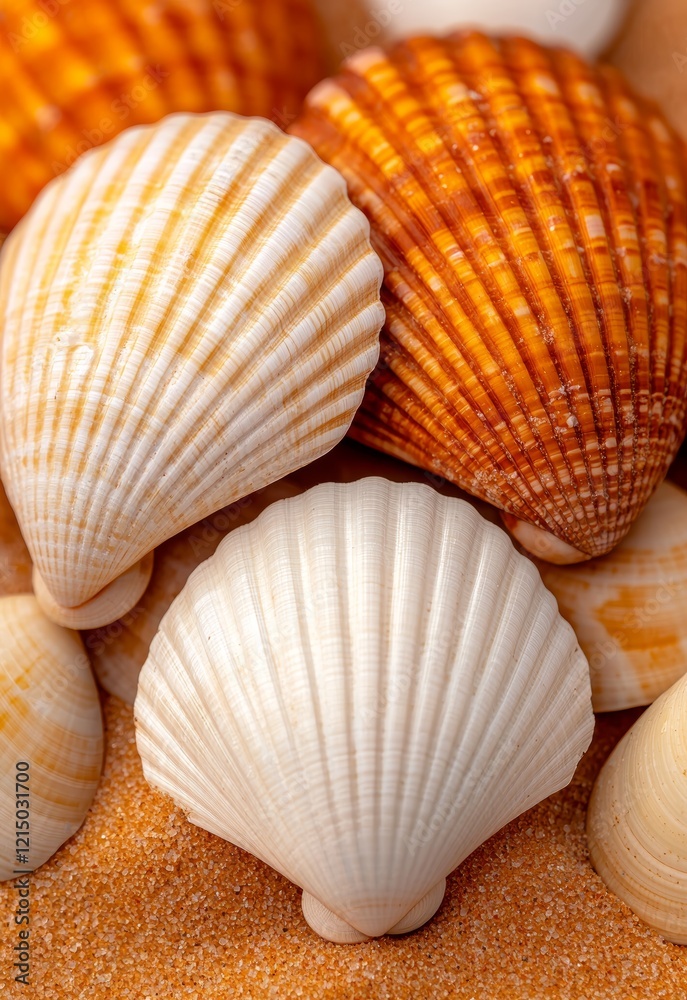 Detailed Patterns of White and Orange Shells on Golden Wet Sand Beside Reflections Detailed Patterns of White and Orange Shells on Golden Wet Sand Beside Reflections