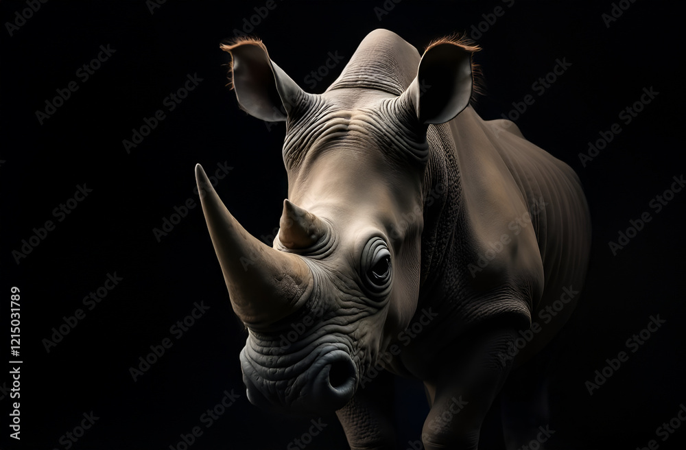 A magnificent rhinoceros is presently standing in the dark and intently looking at the camera positioned in front of it